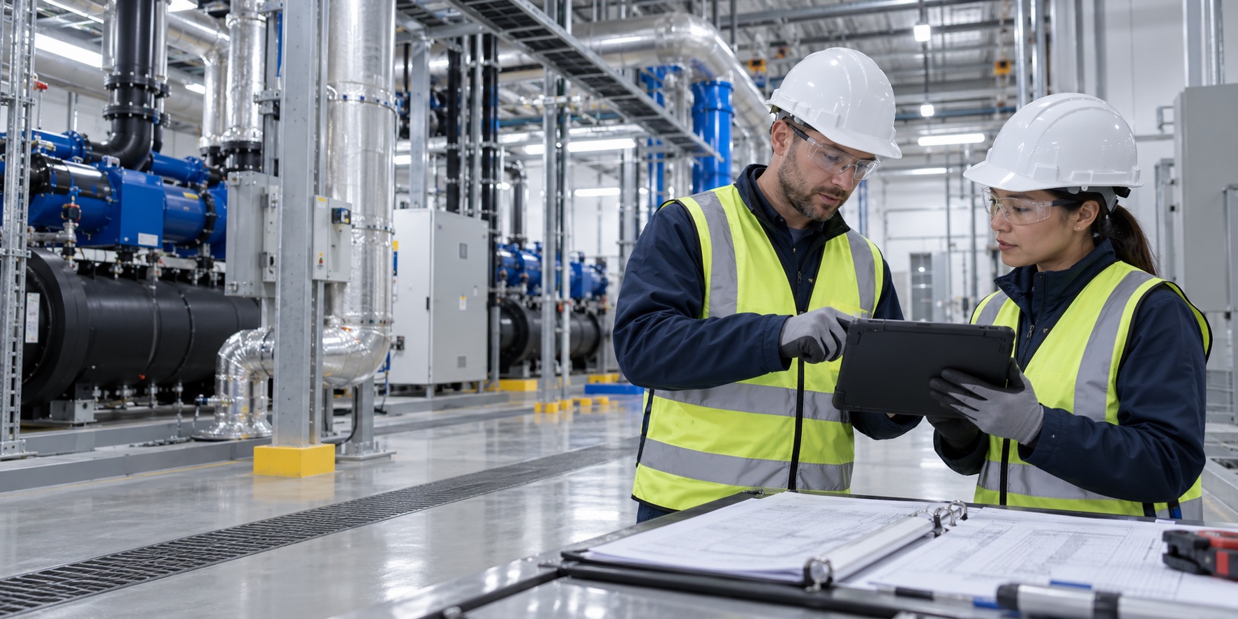 Illustrative engineers reviewing a data center handover