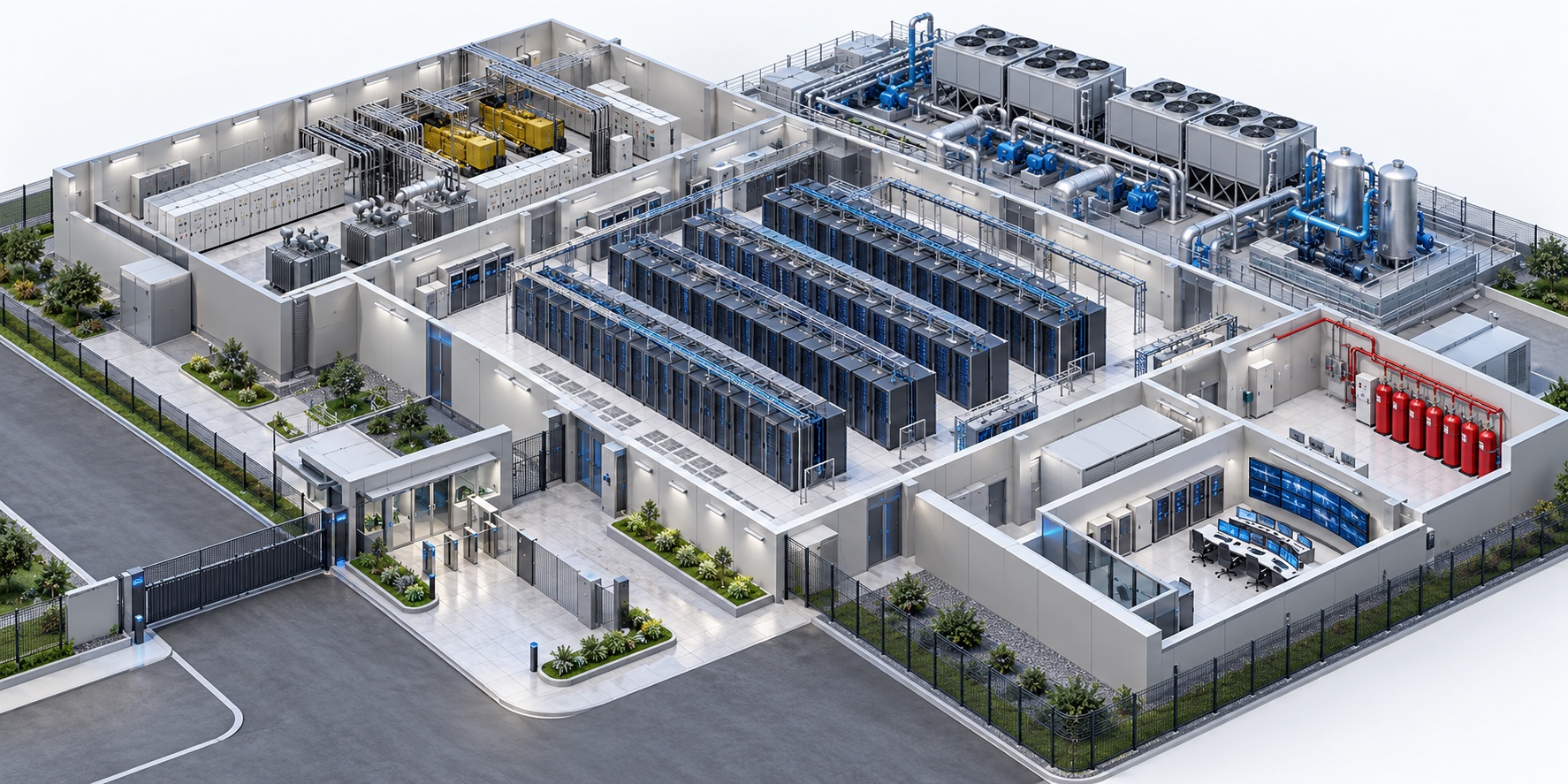 Illustrative cutaway of a data center and its critical systems